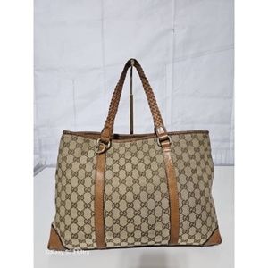 Authentic GUCCI Monogram  Marrakech Tote Tan With Brown Leather/Canvas